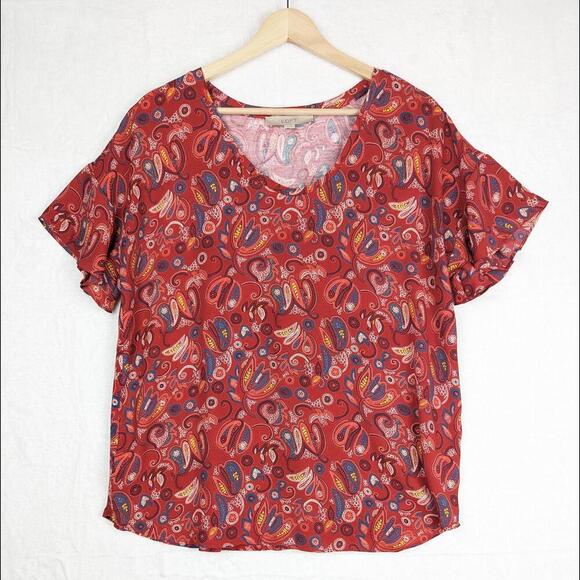 Loft Red Paisley Ruffle Top Short Sleeve Large Women's - Picture 9 of 9